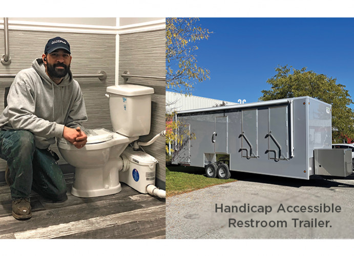 Custom trailer manufacturer chooses Saniflo above-floor grinding and shower solution for ADA-compliant public restroom and shower trailers